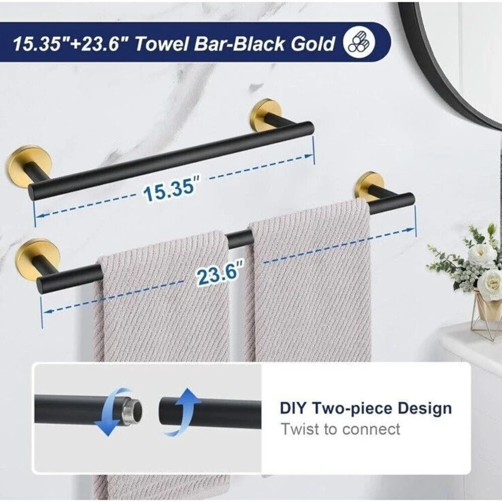 Modern Matte Black & Gold Towel Bar Stainless Steel Wall Mounted Bathroom 24in